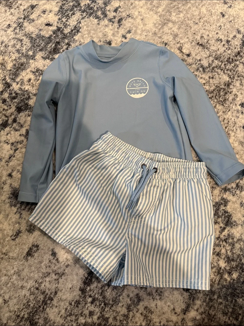 Toddler Light Blue Rash Guard & Striped Swim Shorts Set